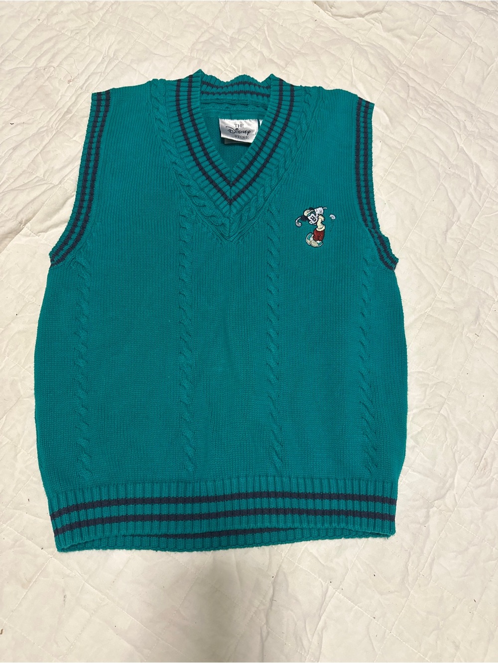 Disney Teal V-Neck Cable Knit Sweater Vest with Navy Trim